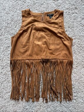 Joe & Elle Brown Faux Suede Fringe Crop Top Size Medium